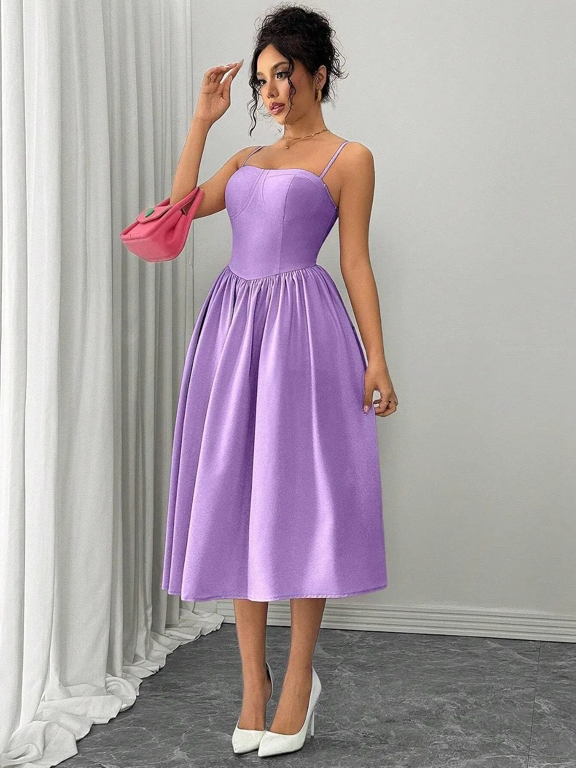 Женское элегантное платье миди на тонких бретелях, Mauve Purple — фото 3