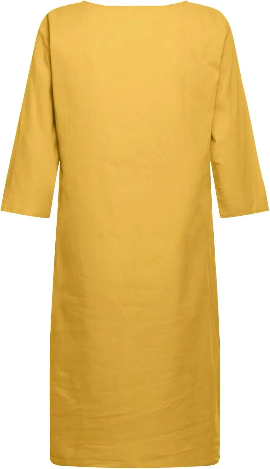 Женское платье миди с V-образным вырезом Cotton Linen, Yellow — фото 2