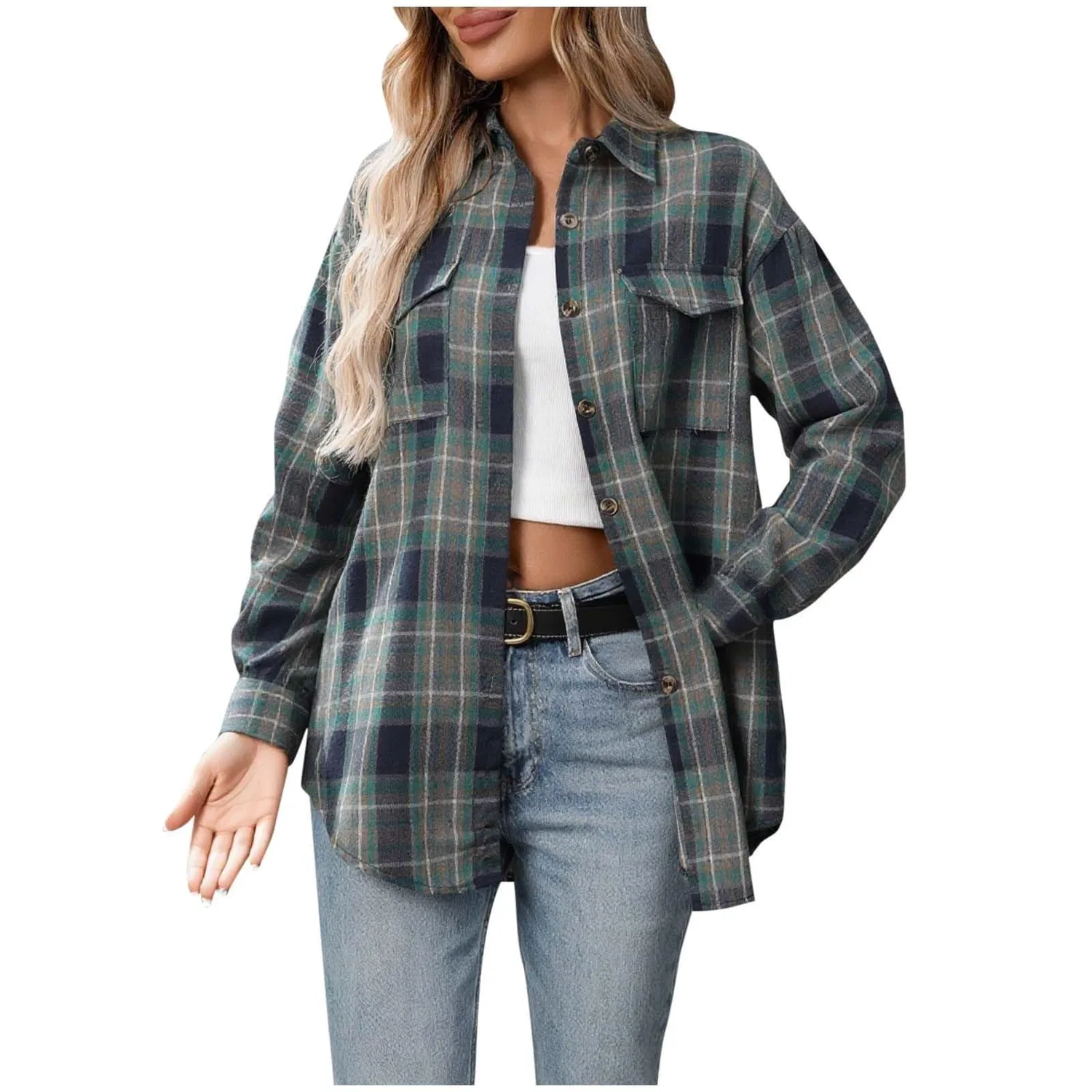 Женская рубашка-жакет с принтом в клетку, модель Plaid Flannel Shirts, Blu