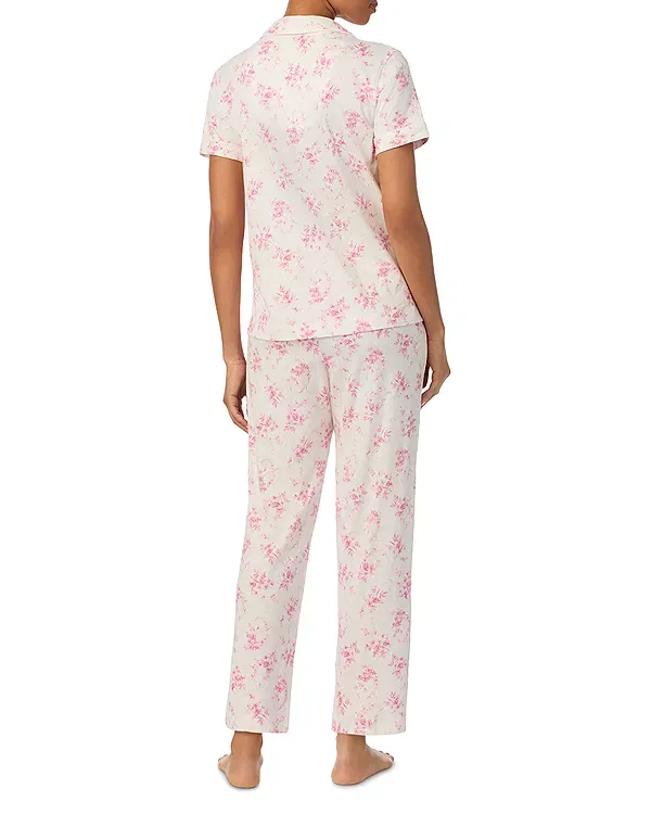 Женский комплект пижамы с принтом Short Sleeve Classic Knits Notch Collar Ankle Pant Pajama Set Ralph Lauren, Ivory Floral — фото 2