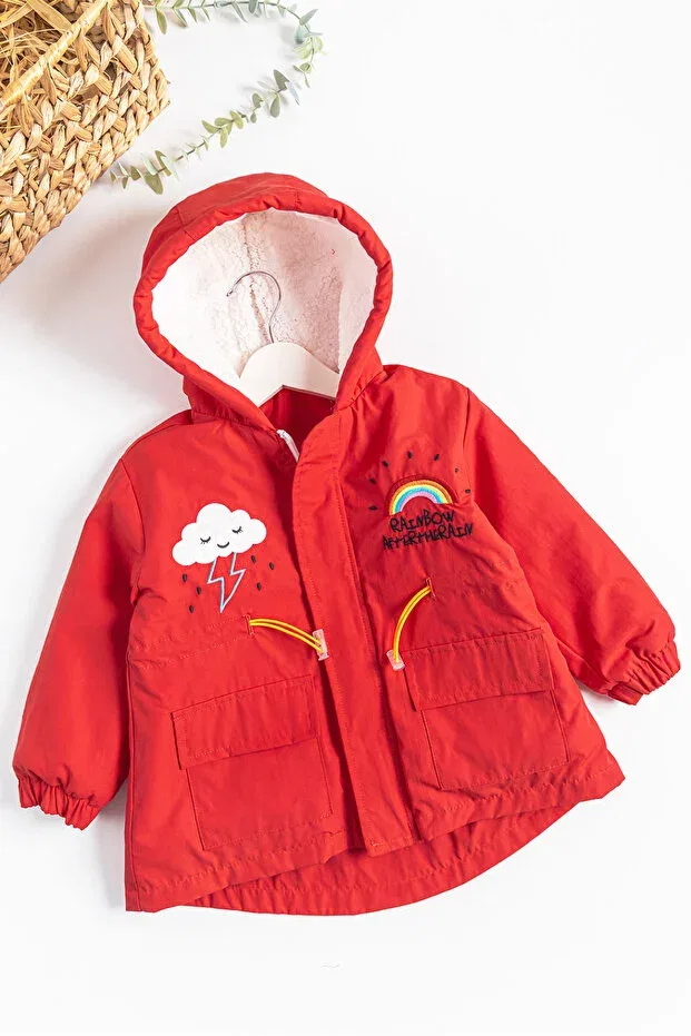 Детское пальто для девочек с принтом Rainbow Embroidered Plush Lined Girl's Coat Babymod, Red