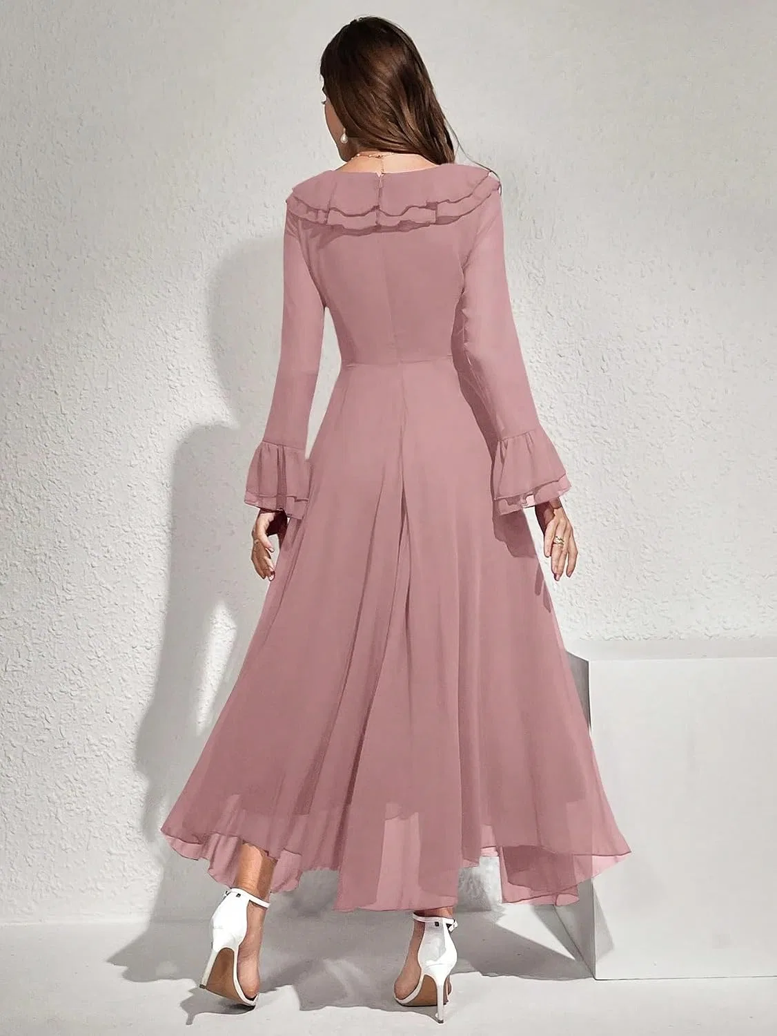 Женское платье миди A-line с асимметричным вырезом, Pink — фото 2