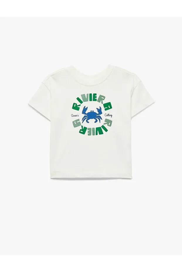 Детская футболка с принтом Cotton Short Sleeve Crew Neck Crab Printed T-Shirt Koton, Ecru — фото 3