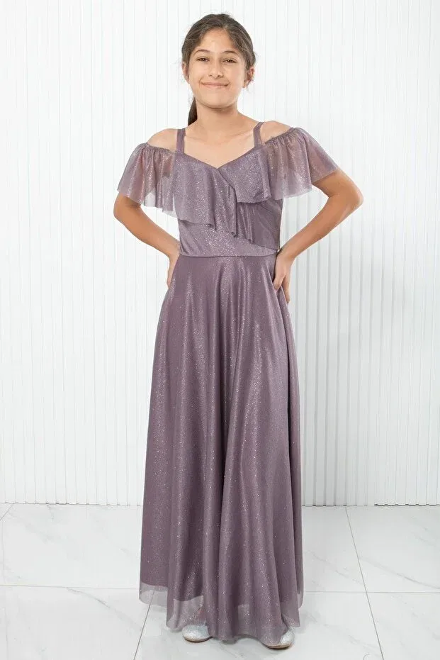 Детское платье для девочек с открытыми плечами из фатина Lilac glitter tulle strap boat neck graduation evening dress - dnm938 Denimini, Lila
