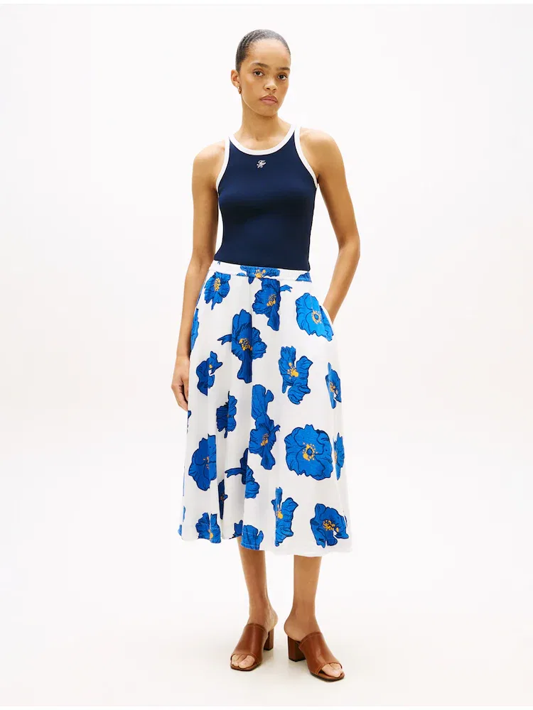 Юбка миди объемная, из льна и вискозы TOMMY HILFIGER, Royal Blue