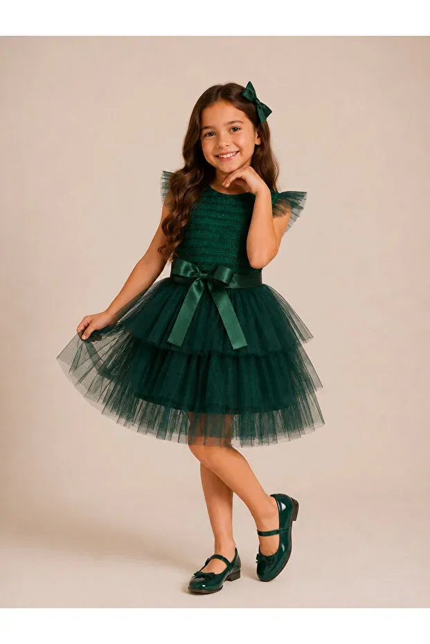 Детское платье для девочек с коротким рукавом Tutu Dress with Bow Detail Tinytrends, Green