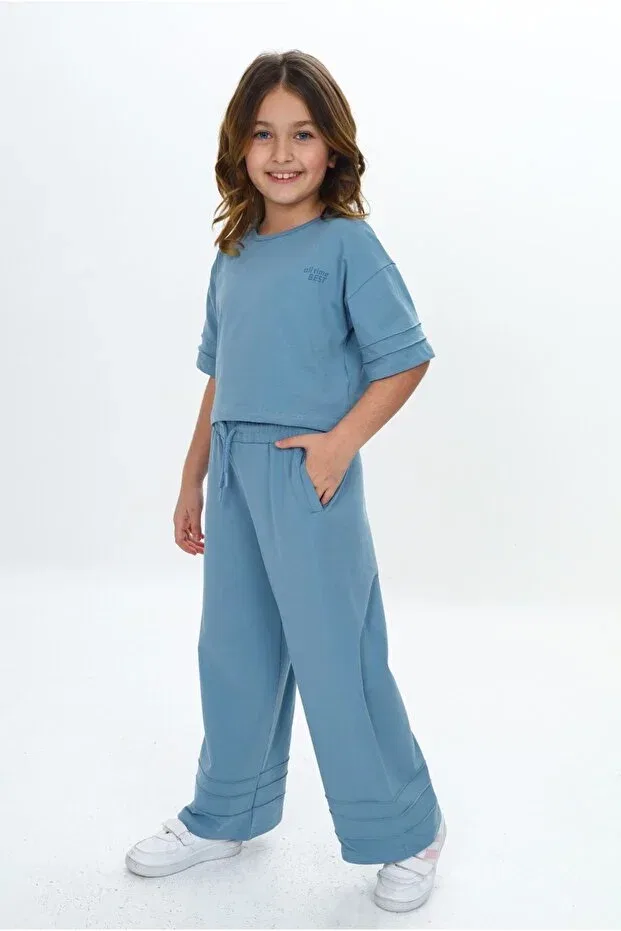Детский комплект для девочек ribbed detailed crop tracksuit set Toontoy, Blue — фото 2