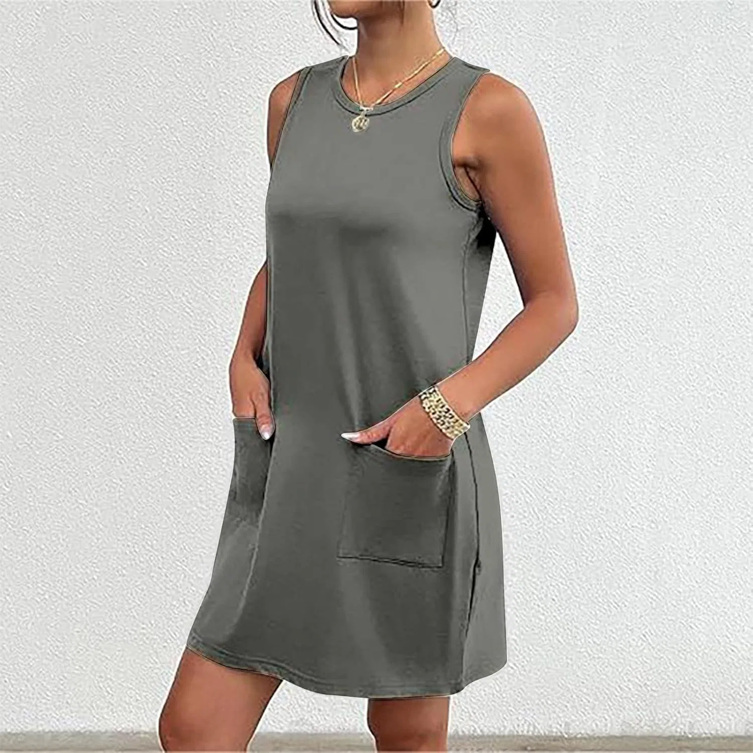 Женское летнее платье-футболка с карманами Generic, Gray — фото 2