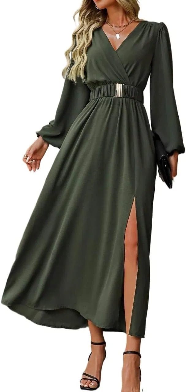 Женское макси-платье V-образным вырезом и разрезом A Line, Army Green