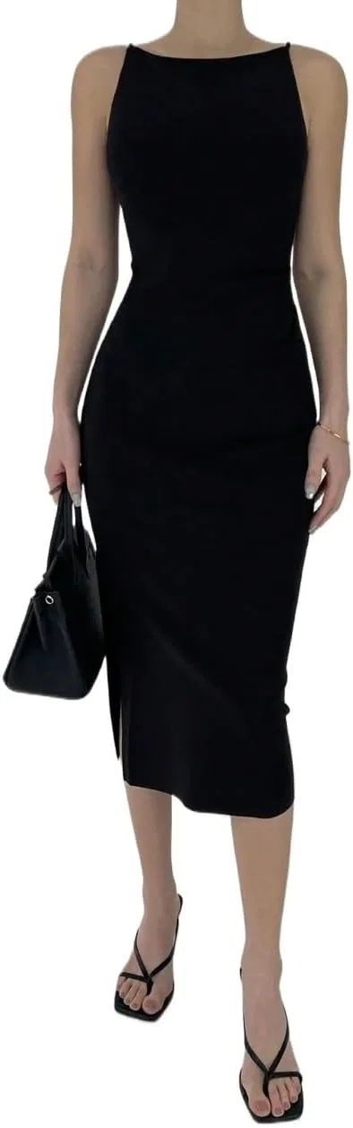 Женское миди-платье с разрезом на талии Sleeveless, Black