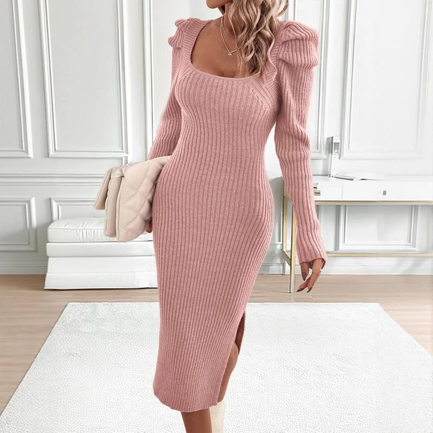 Женское трикотажное платье миди с квадратным вырезом и разрезом, Pink — фото 3