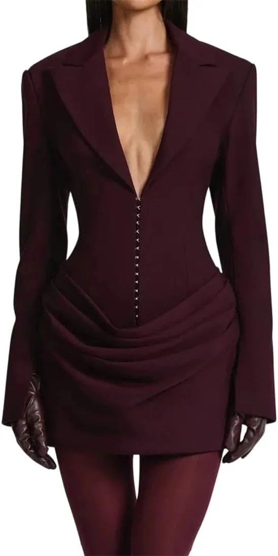 Женское платье миди с V-образным вырезом Slim Fit, Burgundy