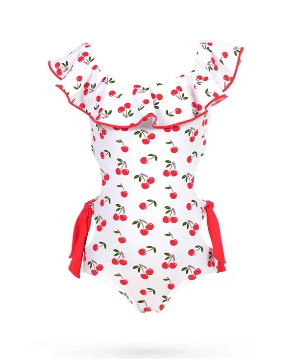Детский купальник для девочек с оборками Red Cherry Motif Cut-Out and Side Ties One-Piece Swimsuit Nessi Byrd, белый