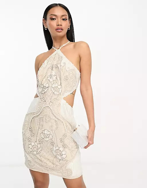 

Платье Asos Design embellished halter with pearl detail, белый