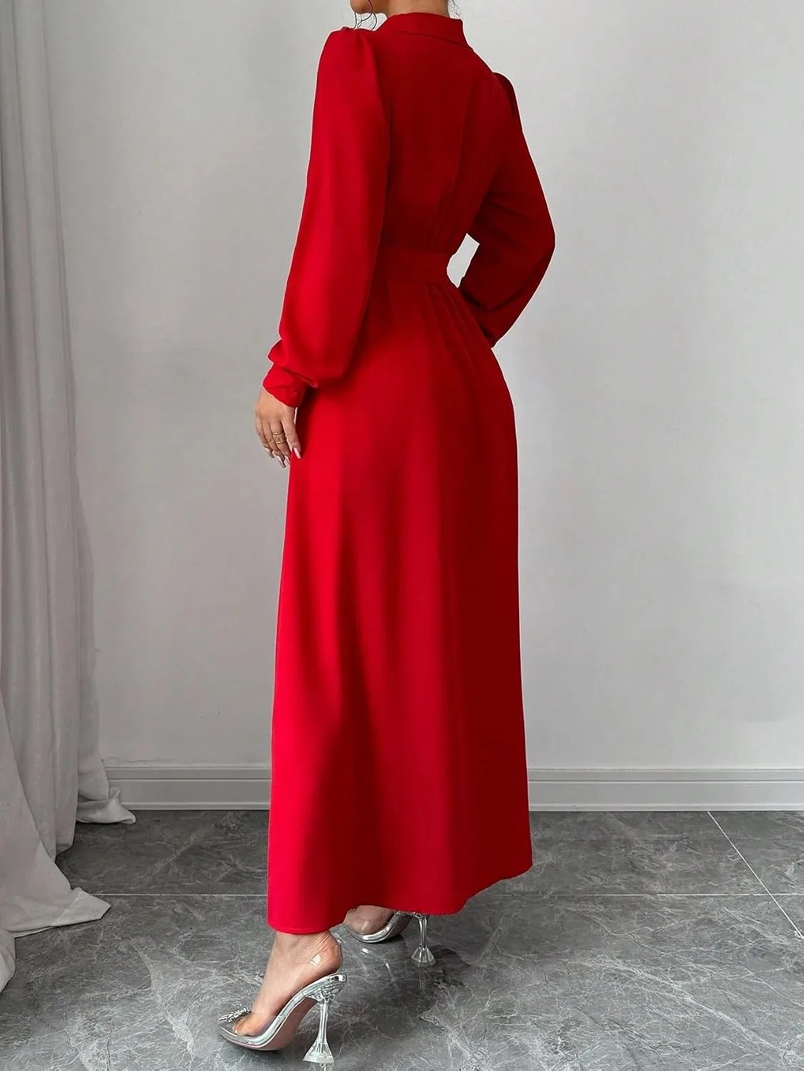 Женское элегантное платье-макси на пуговицах с поясом, Red — фото 2