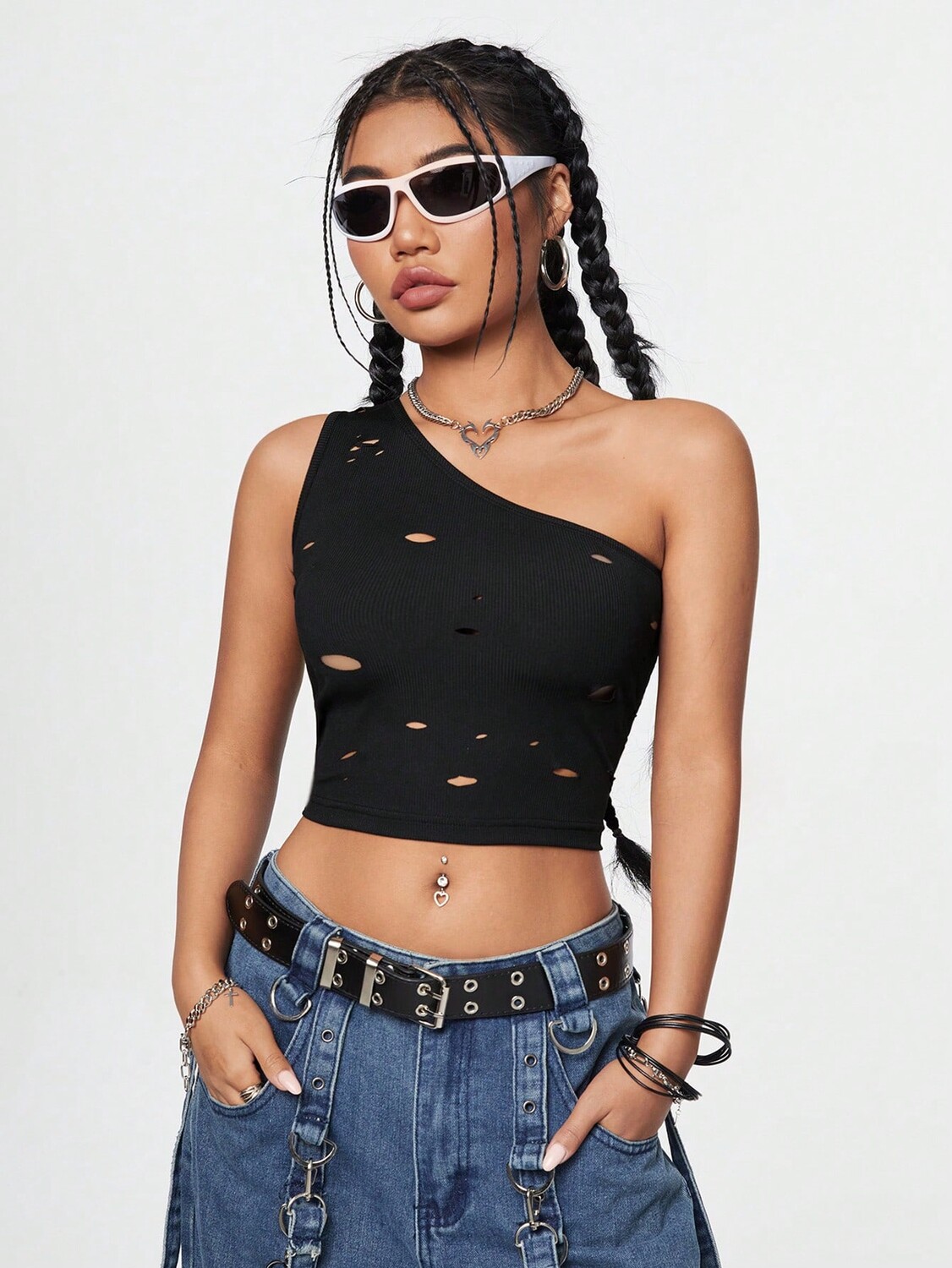 

SHEIN Coolane женский асимметричный топ, рваная деталь, одно плечо, черный цвет