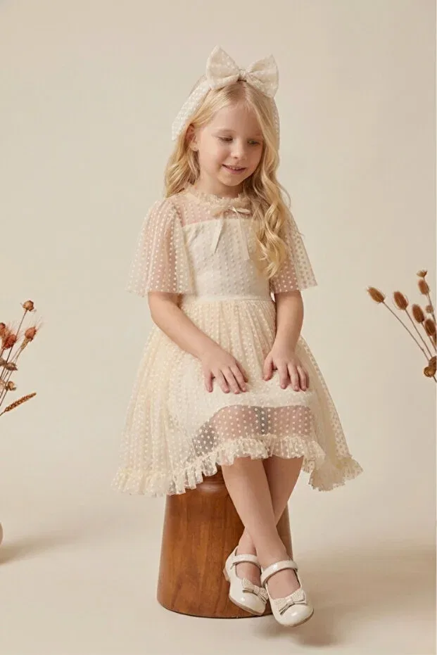 Детское платье для девочек с принтом Dotted Lace Neckline Ruffled Girl's Evening Dress Eray Kids, Nude Color — фото 4