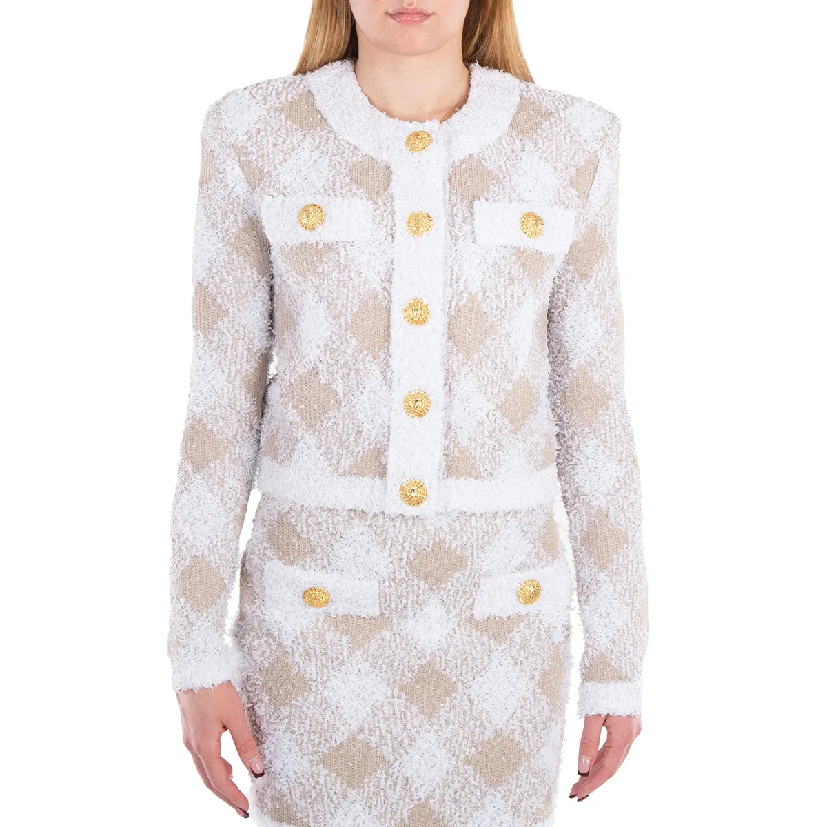 Жакет твидовый с принтом Check Pattern Tweed Jacket Balmain, Blanc/ Beige