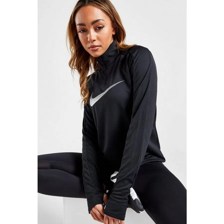 Женский спортивный свитшот с высоким воротом и четверть-замком Nike Dri-FIT Swoosh Hbr Running, Черный