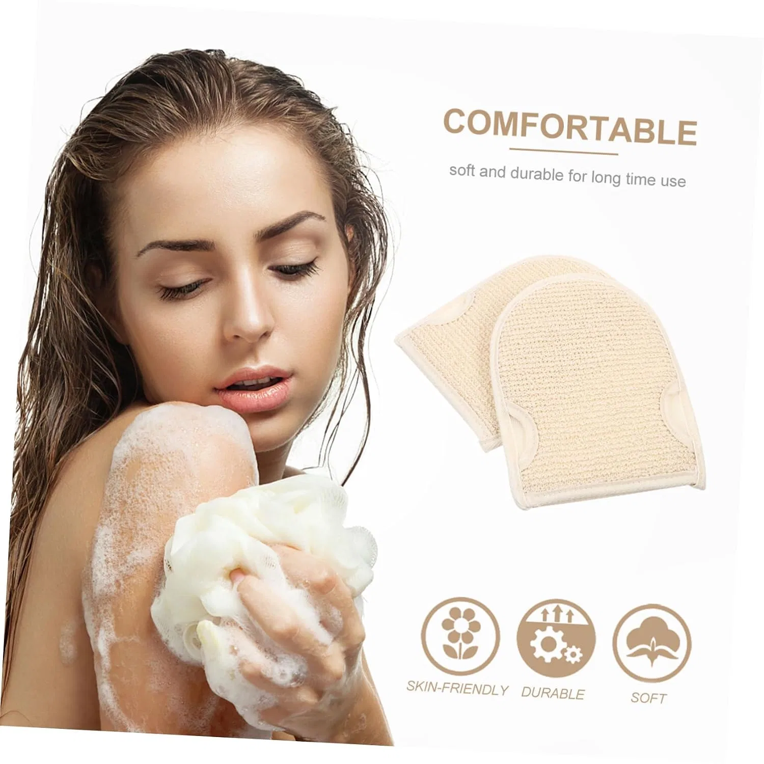 Эксфолиирующие перчатки двусторонние для тела, LRXIYODE, 2 шт, 60 г, Beige — фото 3