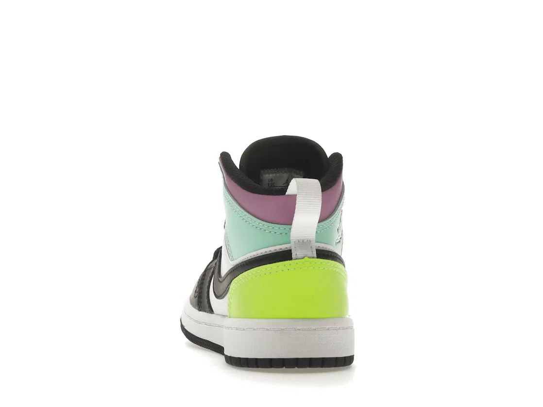 Детские кроссовки с кожаным верхом Jordan 1 Mid, White/Black-Volt-Green Glow — фото 4