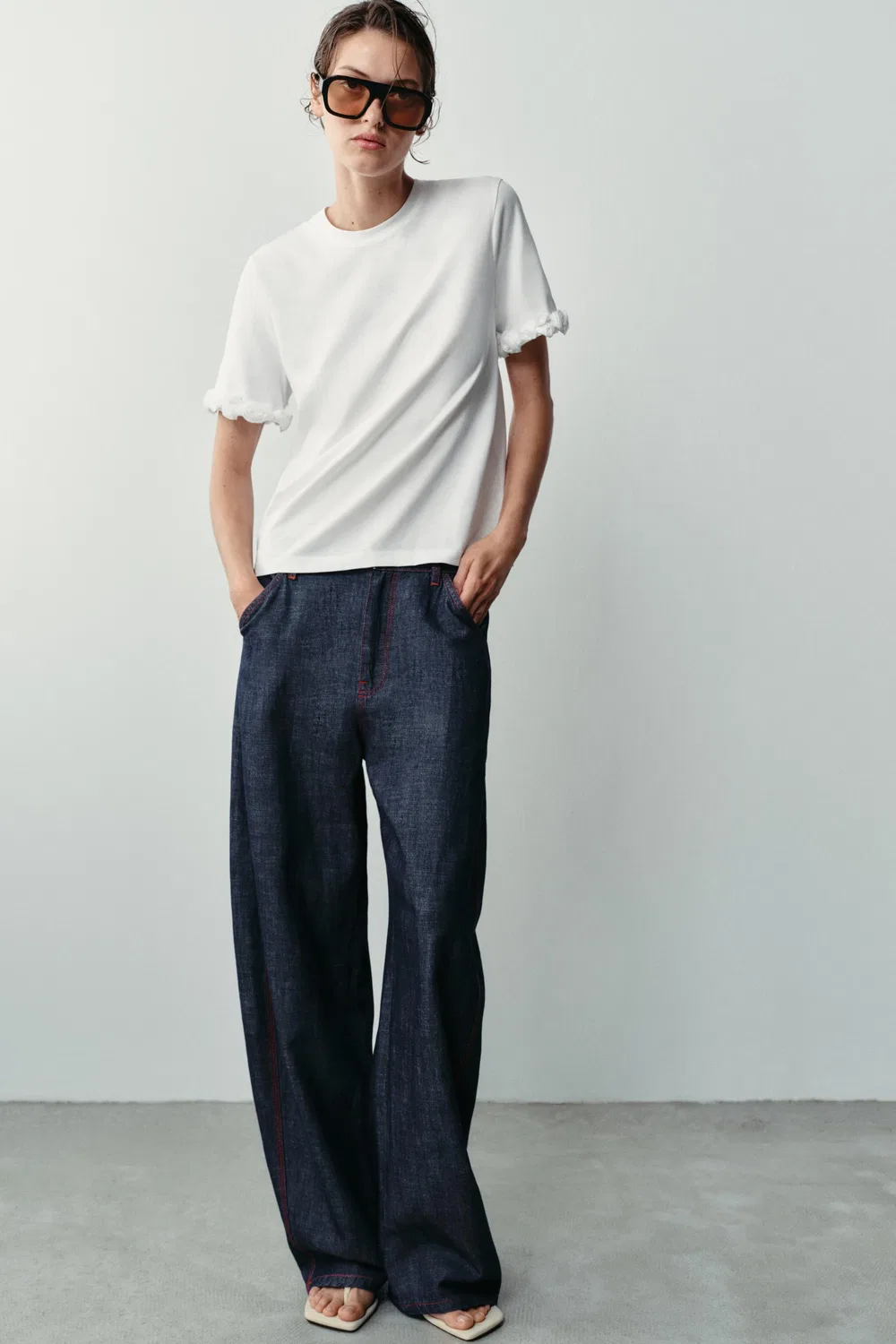 Футболка с тисненым цветочным узором ZARA, White