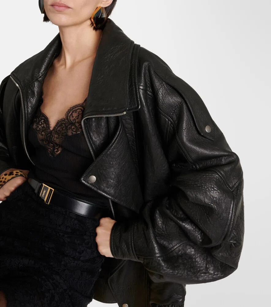 Кожаная куртка объемная Saint Laurent, черный — фото 4