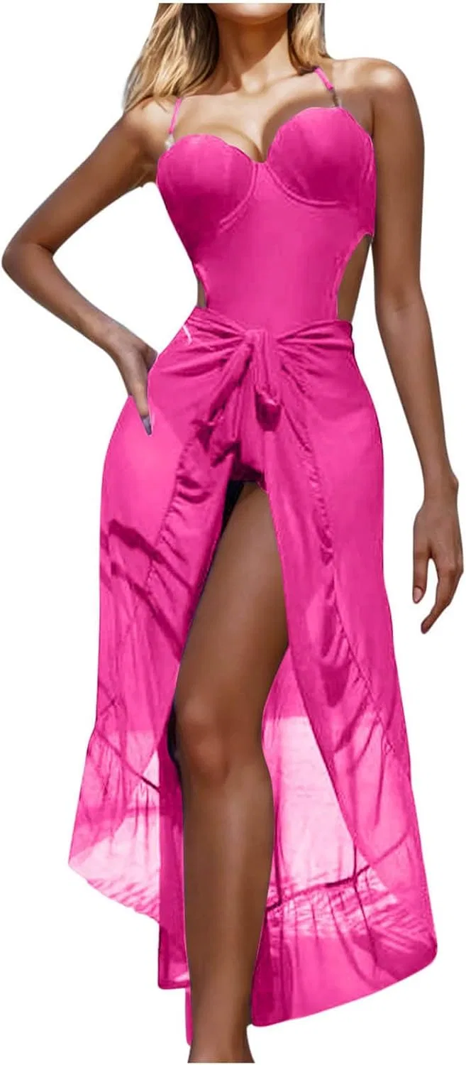 Женский монокини с пуш-ап и саронгом, Hot Pink