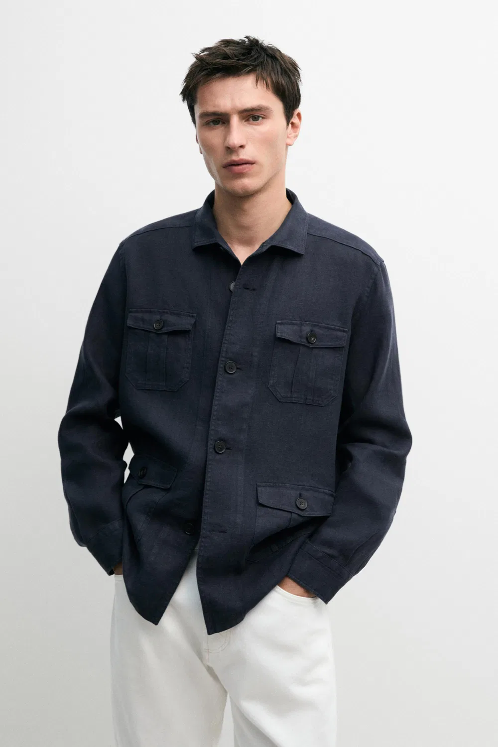 Рубашка из плотного льна с карманами Massimo Dutti, темно-синий — фото 2