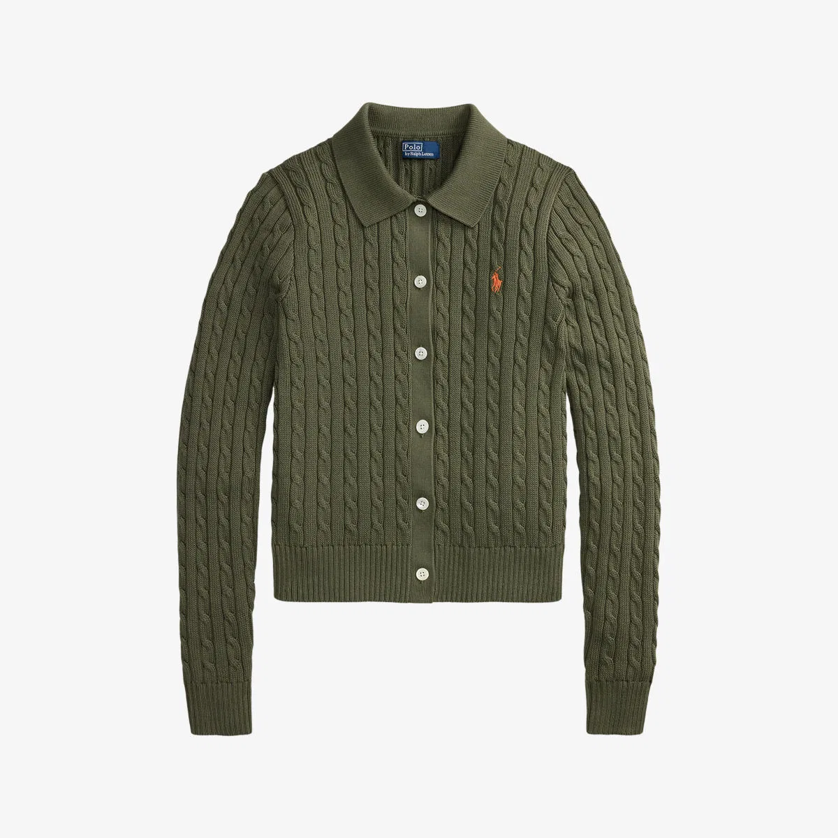 Хлопковый кардиган крупной вязки с вышивкой логотипа бренда Polo Ralph Lauren, оливковый