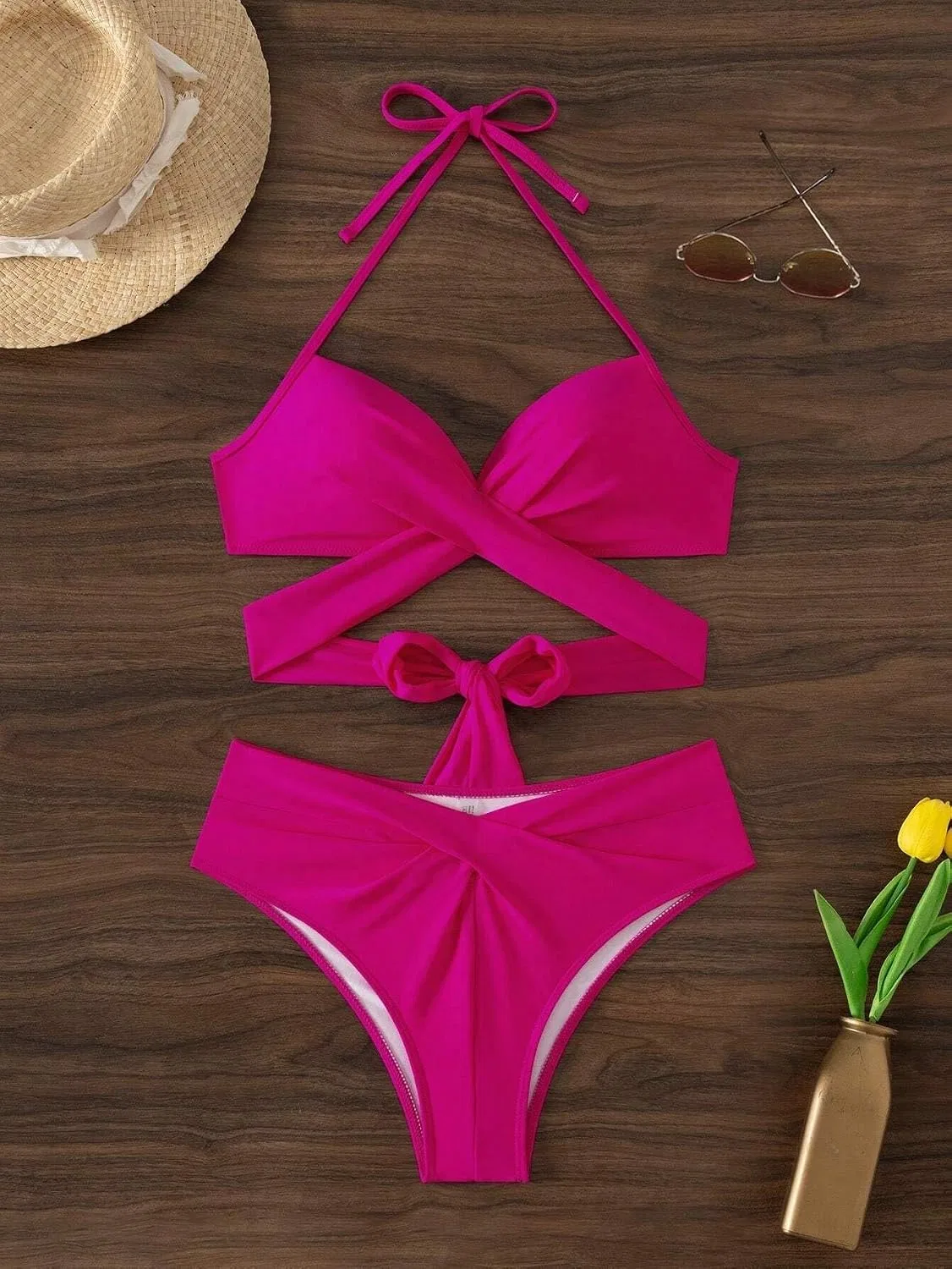 Женский бикини-комплект с завышенной талией Push Up, Hot Pink — фото 3