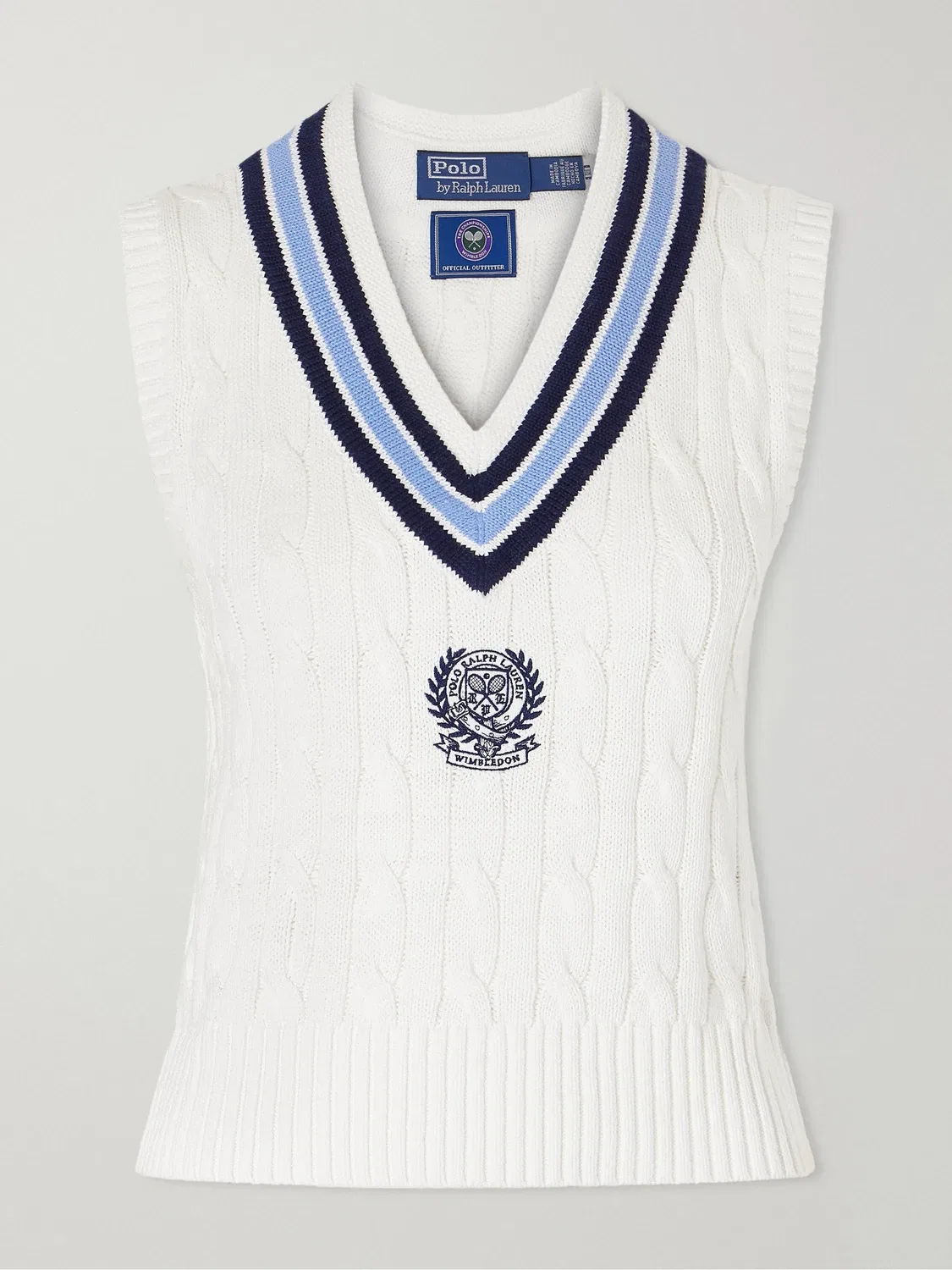 Вязаный хлопковый жилет с вышитым логотипом Wimbledon и косами POLO RALPH LAUREN, бежевый