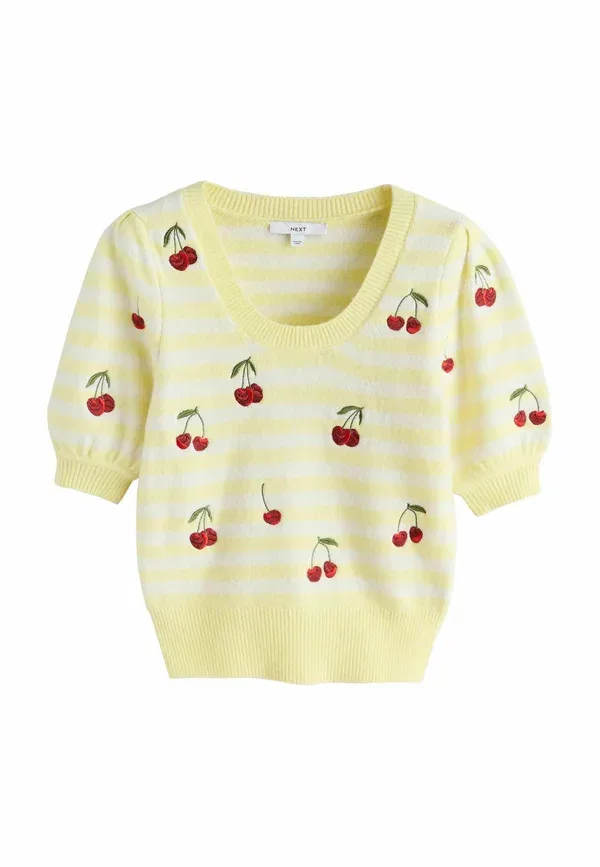Футболка с принтом Regular Fit Puff Sleeve, Next, Yellow Stripe Cherry Embroidery