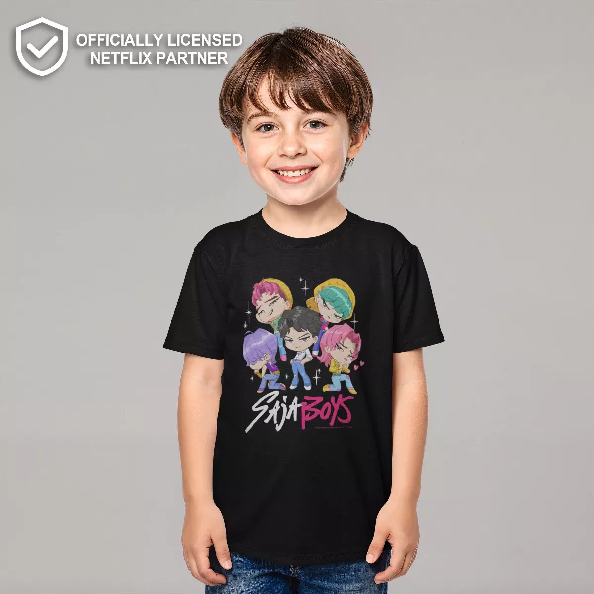 Детская футболка с принтом Saja Boys Chibi Group KPop Demon Hunters, Black — фото 2