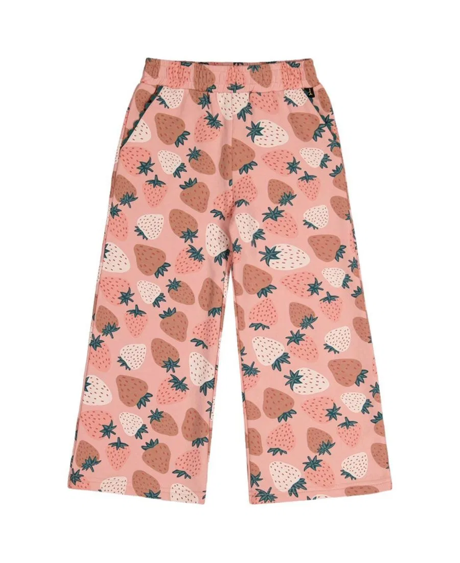 Широкие спортивные брюки из футера с принтом клубники Frosted Strawberry Deux par Deux, Pink Strawberry Print