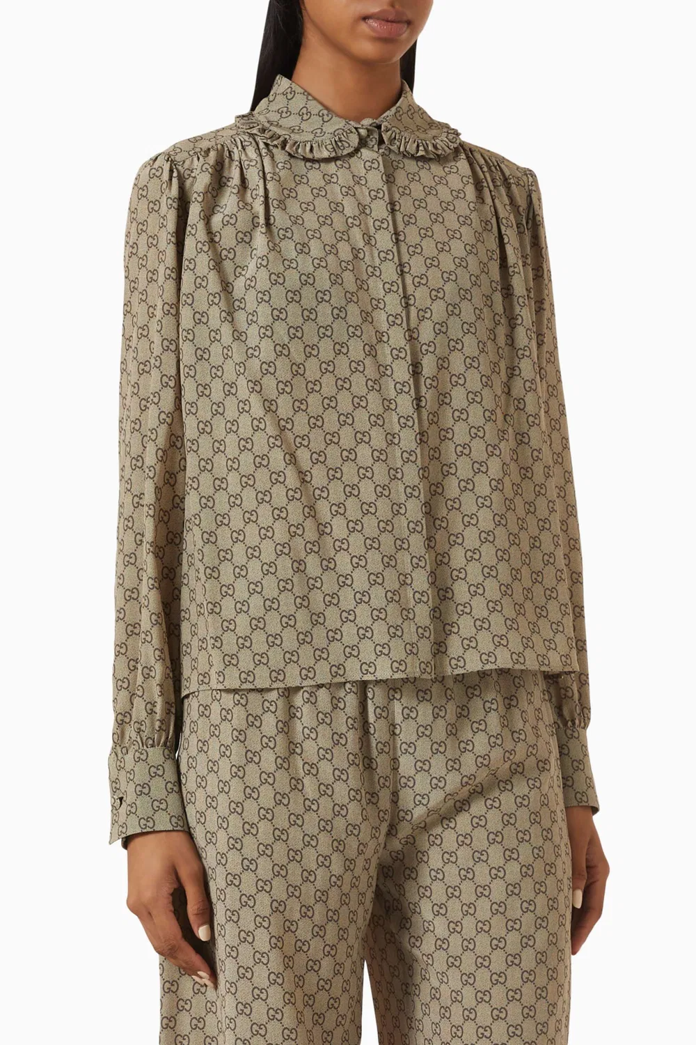 Рубашка с воротником-рюш в ткани GG Gucci