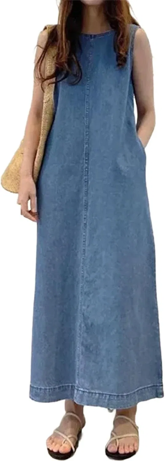 Женское свободное джинсовое платье без рукавов, Blue