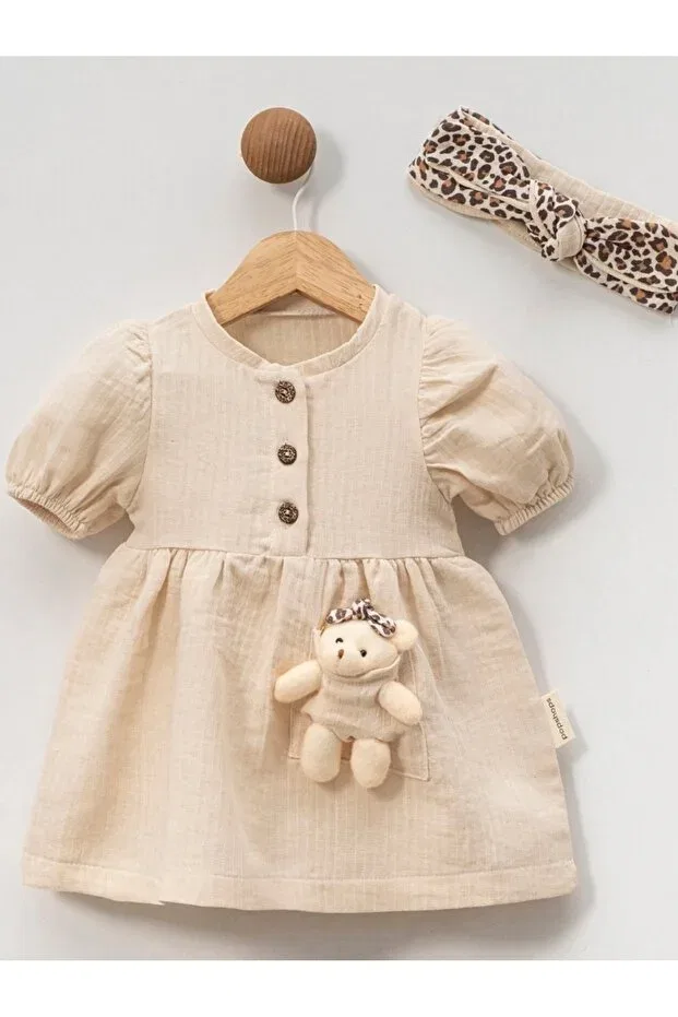 Детское муслиновое платье для девочек Leopard Bandana Bear Mixmax Bebe, Nude Color — фото 2