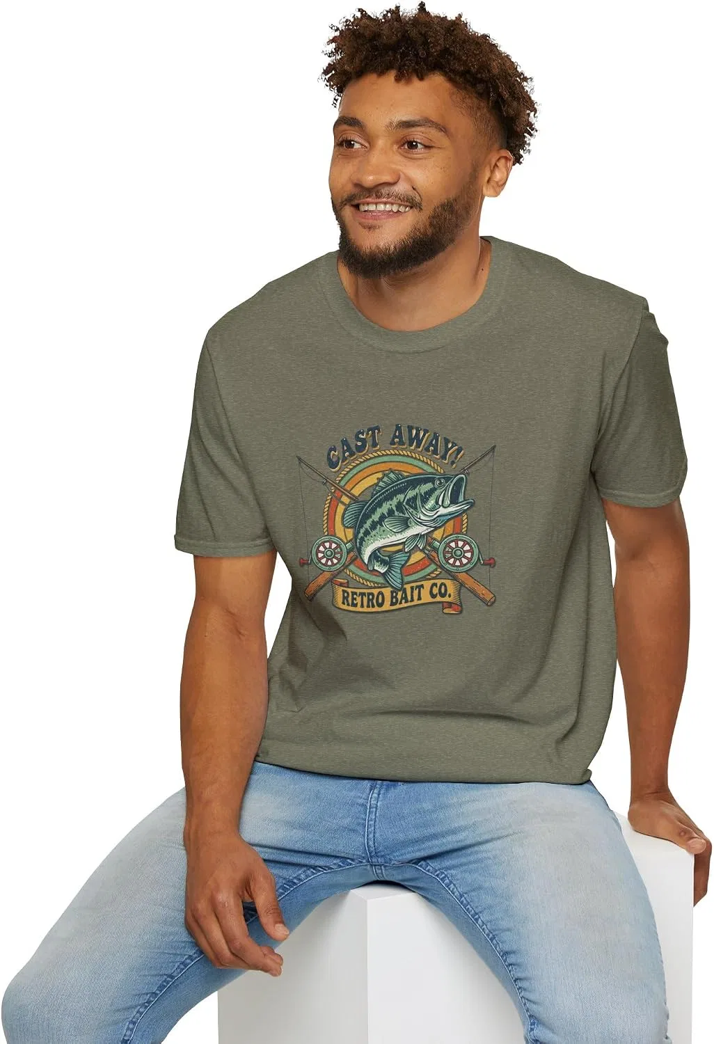 Мужская футболка с принтом Cast Away! Retro Bait Co, Heather Military Green — фото 2