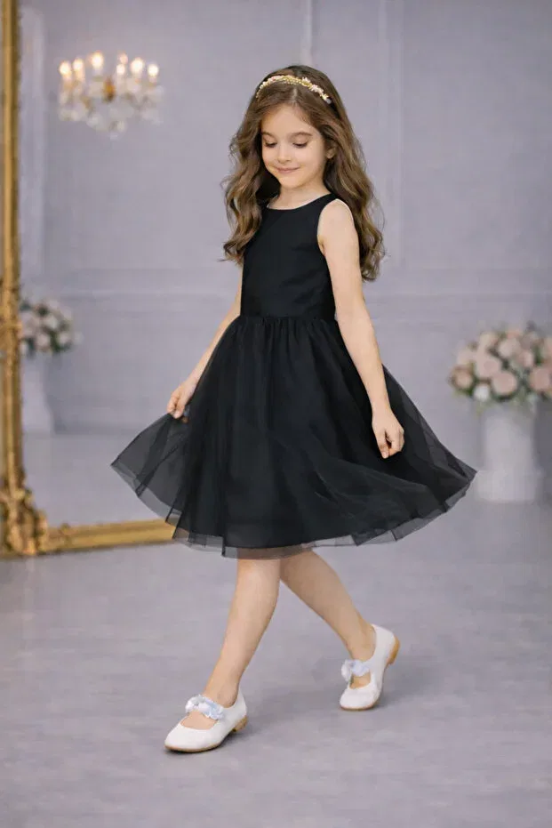 Детское платье для девочек атласное без рукавов Nsmkidslife, Black — фото 2
