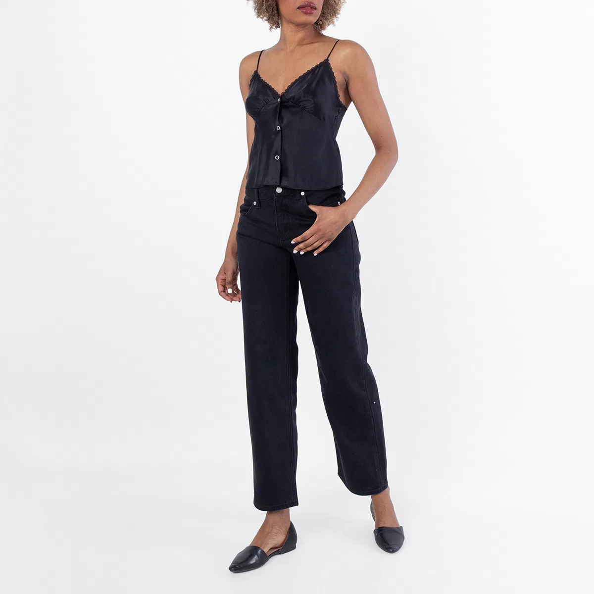 Топ на кнопках с кружевом Snap Front Lace Tank Top Alexander Wang, Black — фото 4