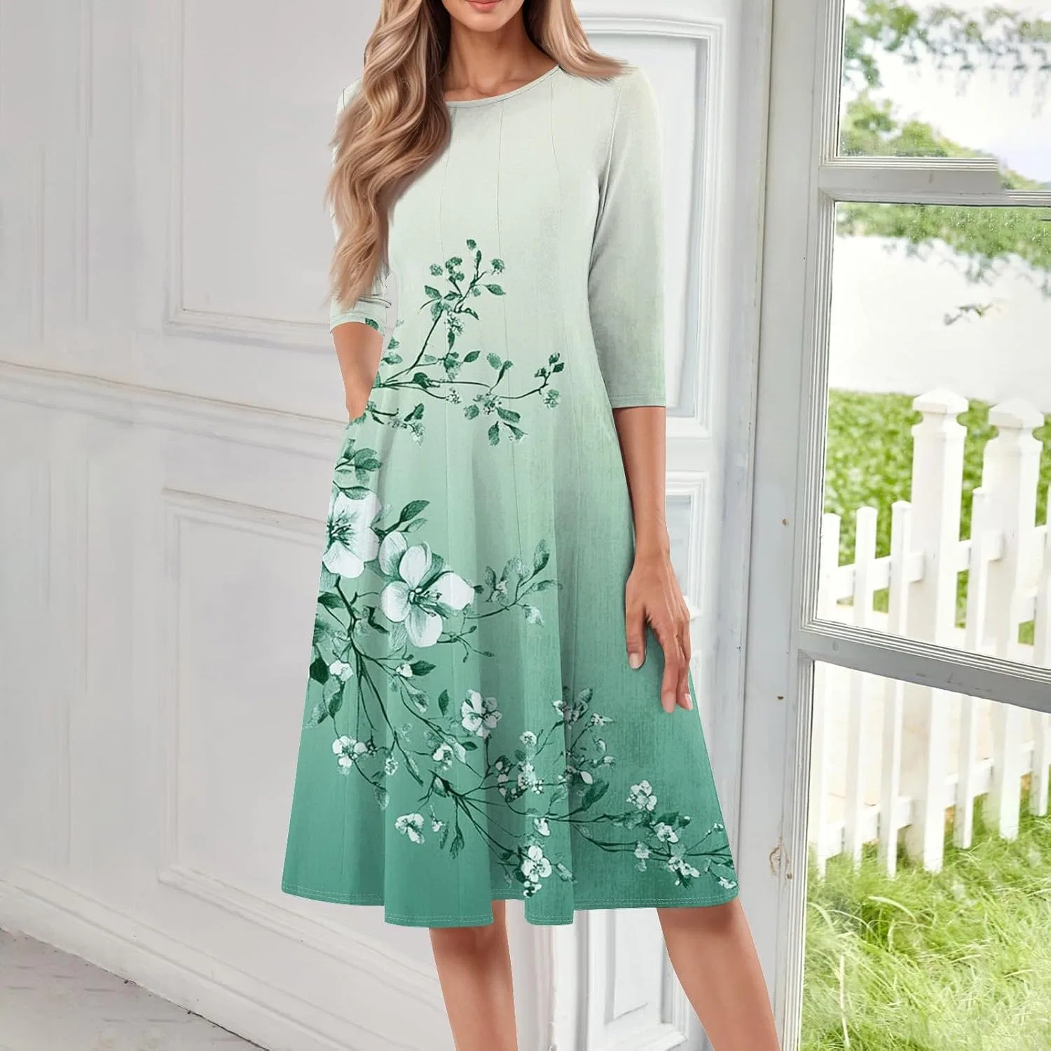 Женское платье А-силуэта с цветочным принтом, 3/4 рукав, Mint Green — фото 2