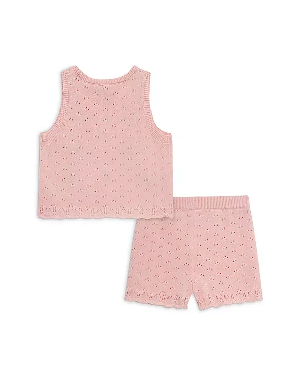 Детский комплект для девочек с принтом Cherry Pointelle Top & Shorts Set Little Me, розовый — фото 2