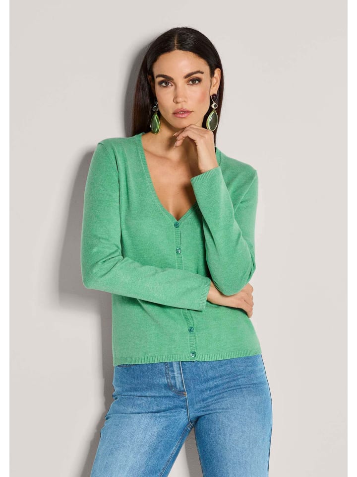 

MADELEINE Кардиган из тонкого трикотажа с длинными рукавами и V-образным вырезом, изумрудно-меланжевого цвета