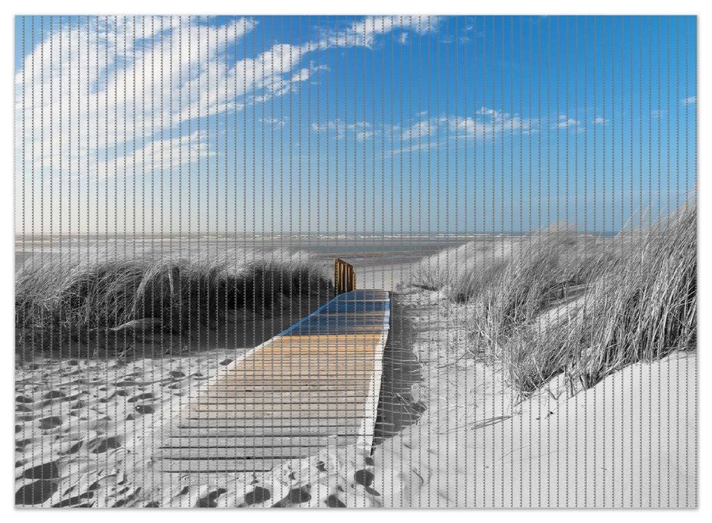 

Коврик для душа Wallario, нескользящий коврик, коврик для ванной комнаты, коврик для двери на деревянной дорожке к пляжу, черно-белый, размер ок. 90 x 65 см, синий