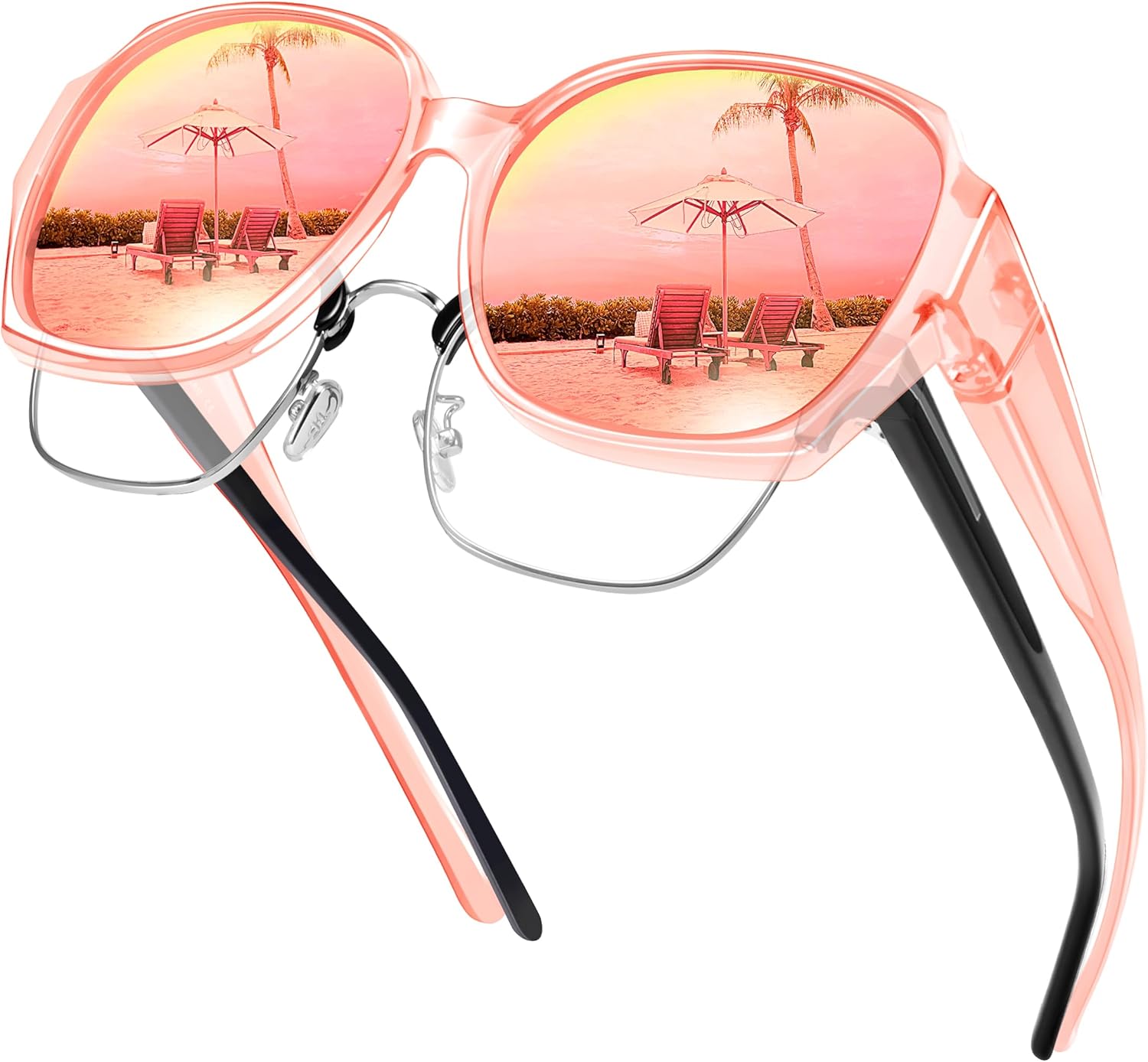 

Поляризованные солнцезащитные очки URUMQI, надеваемые поверх обычных очков, для женщин, защита UV400, квадратные, очень большие, A10 Transparent Pink Frame/Pink Mirrored Lens