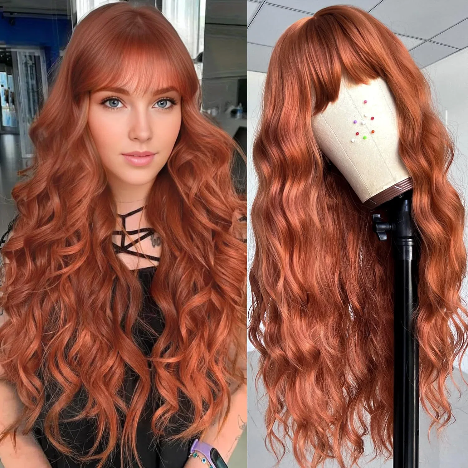Женский длинный вьющийся парик с челкой от YEESHEDO Yeeshedo, Copper Red