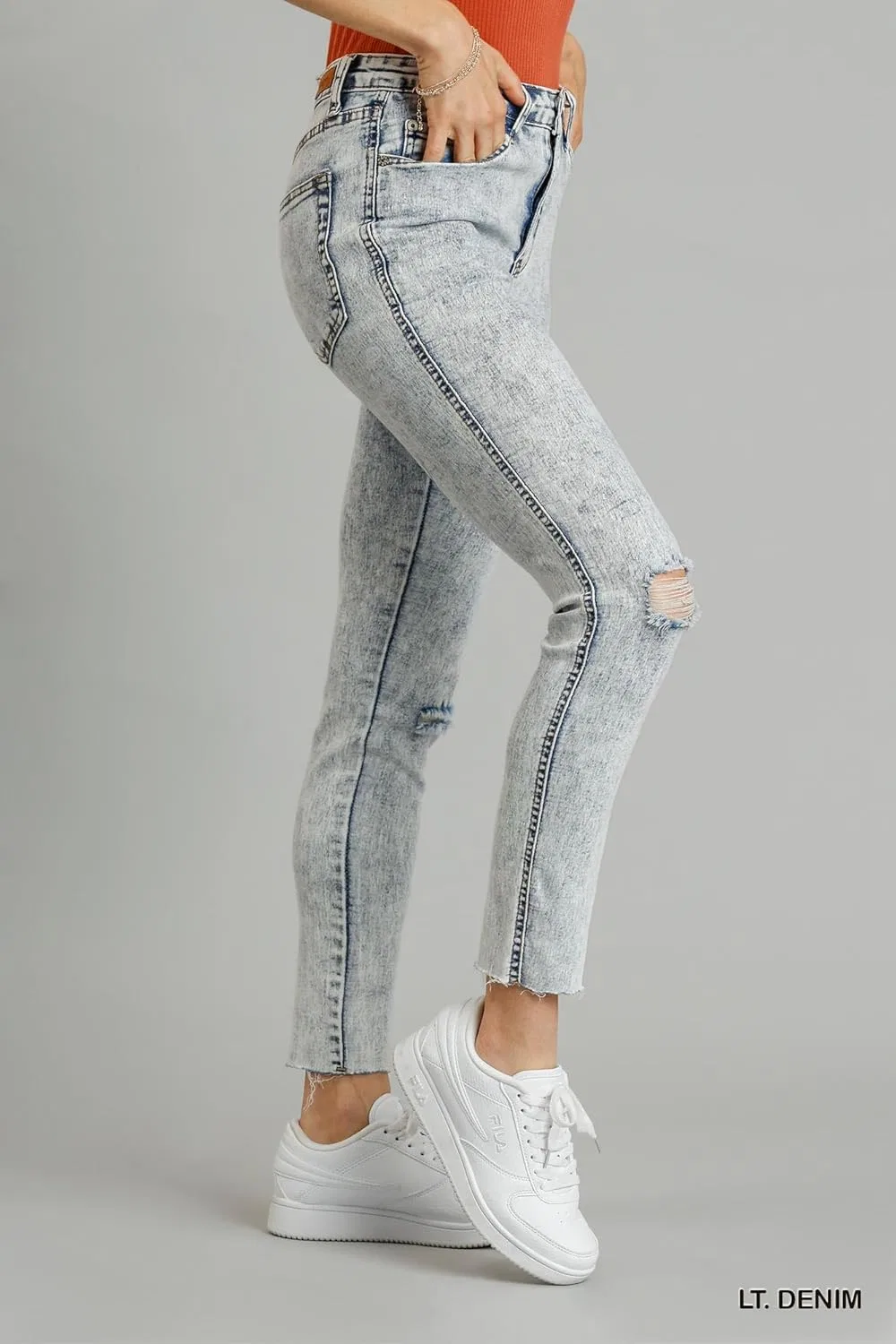 Джинсы с потертостями, стрейч, скинни, необработанный край, Lt. Denim — фото 2