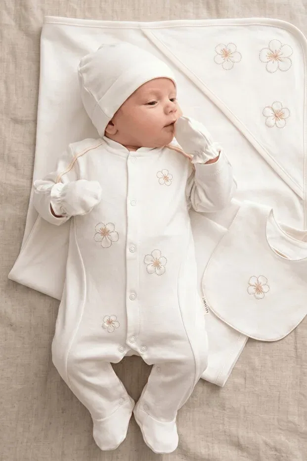 Детский комбинезон для девочек хлопковый комплект 5 предметов Flower Embroidered Zeynuko, Ecru