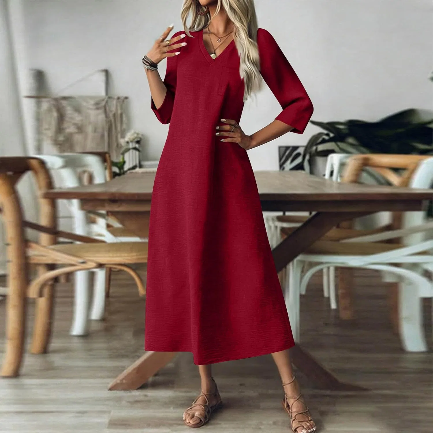 Женское летнее макси-платье с V-образным вырезом Casual, Wine — фото 3